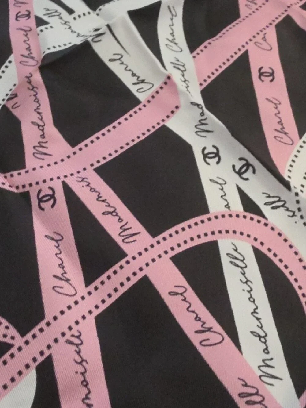 CHANEL Pink and Black Ribbon Scarf